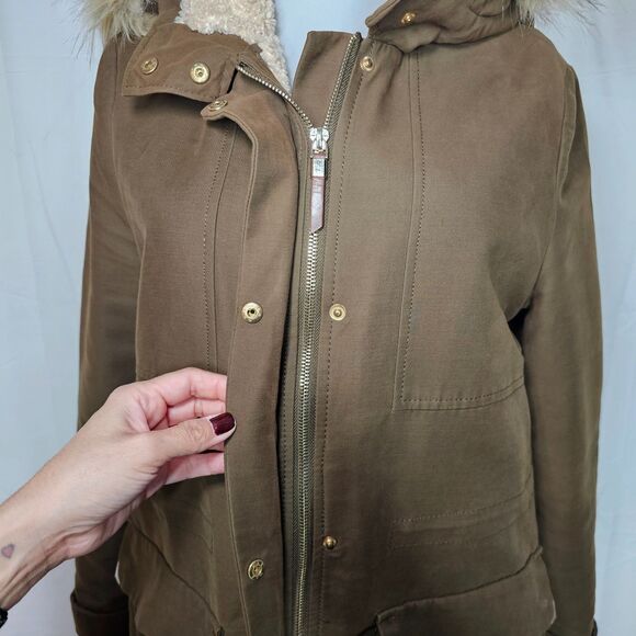 Zara Trafaluc Parka Coat Khaki Faux Fur Hood Lined Winter Utility Jacket Sz M - Picture 7 of 12